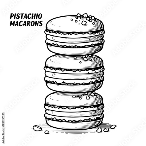 A hand-drawn black and white sketch illustration of three stacked pistachio macarons with nut crumbles.