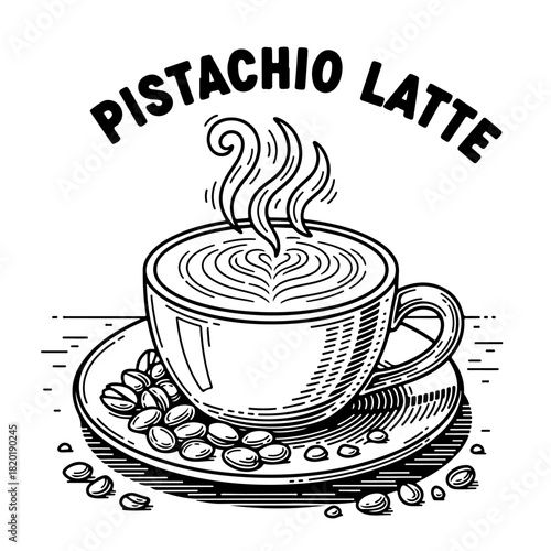 A hand-drawn, vintage-style illustration of a steaming hot pistachio latte in a cup on a saucer with nuts.