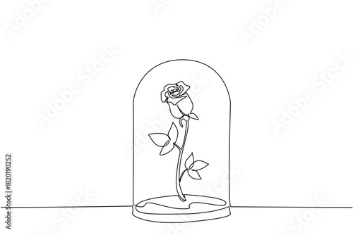 Single line drawing of a rose enclosed in a glass dome, inspired by the symbolism of eternal love. Designed for National Red Rose Day, fitting the nature and romantic art concept.