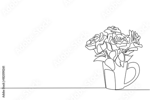 Continuous line drawing of blooming red roses in a mug-shaped vase, created for National Red Rose Day. This nature concept artwork symbolizes beauty, love, and appreciation through minimal art.