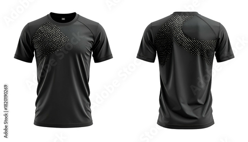 Black athletic tee, front and back views, with textured design elements