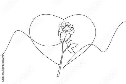 Continuous line drawing features a heart with a rose inside, celebrating National Red Rose Day through a romantic art concept symbolizing pure love, beauty, and harmony in minimalist design.