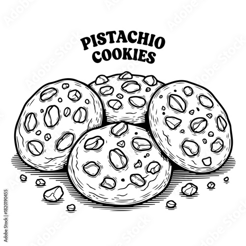 A black and white line art illustration of four pistachio cookies with nuts on top and crumbs scattered around.