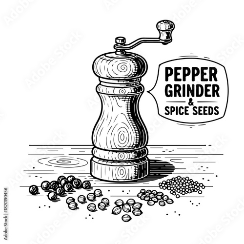 A vintage, hand-drawn sketch of a wooden pepper grinder with whole peppercorns and ground spice seeds on a table.