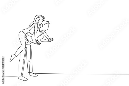 Continuous line drawing of a man carrying piggyback moment his wife celebrates National Loving Day, symbolizing playfulness, affection, and joyful connection. Minimalist love concept illustration.