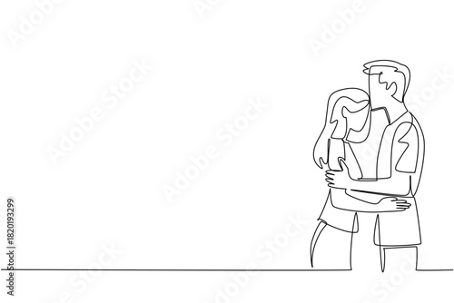 Continuous line drawing of a couple hugging symbolizes emotional closeness for National Loving Day, conveying warmth, compassion, and harmony through a modern minimalist art concept.