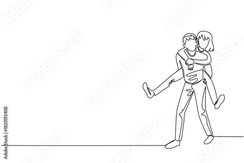 Single line drawing of a man giving a piggyback ride to his wife reflects National Loving Day’s spirit of equality, love, and connection through a minimalist art concept of joy and support.