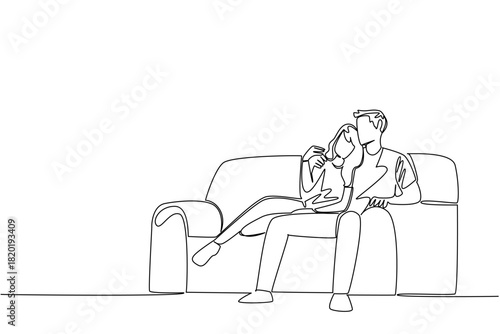 Continuous line drawing of a loving couple sitting closely arm in arm on a sofa celebrates National Loving Day, symbolizing equality, comfort, and affection through a minimalist modern love concept.