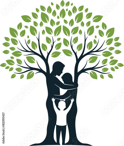 Family embracing under a green tree symbolizing growth and unity Vector