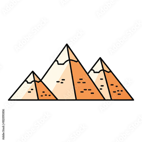 Minimalist orange mountain range icon with snow-capped peaks on a white background