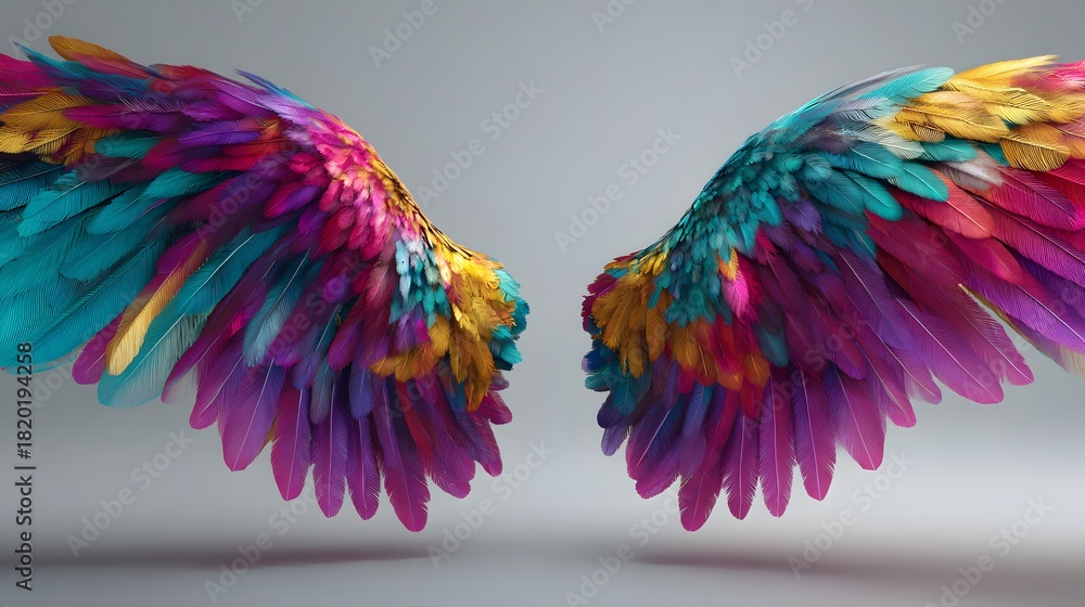 Fototapeta premium Symmetrical pair of vibrant, multicolored feathered appendages displayed against a muted background