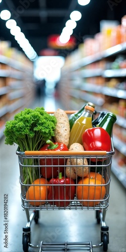 Grocery cart filled with fresh produce and drinks, shopping aisle background. Bright lights, colorful fruits, vegetables in focus.