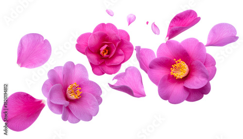 Delicate pink camellia flowers and petals gracefully floating in the air, a symbol of spring's beauty
