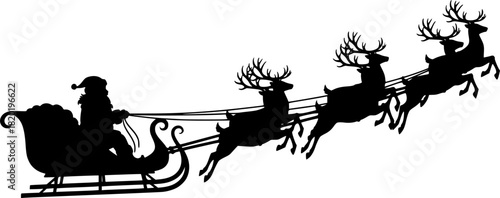 Santa in reindeer sled vector silhouette on transparent background
