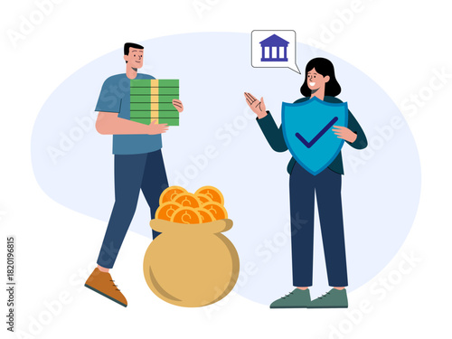 A woman is offering the security of saving money in a bank to a customer. Saving vector illustration. Flat illustration concept.