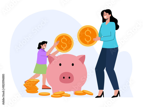 The woman and her younger sister saved and put coins into a piggy bank. Saving vector illustration. Flat illustration concept.