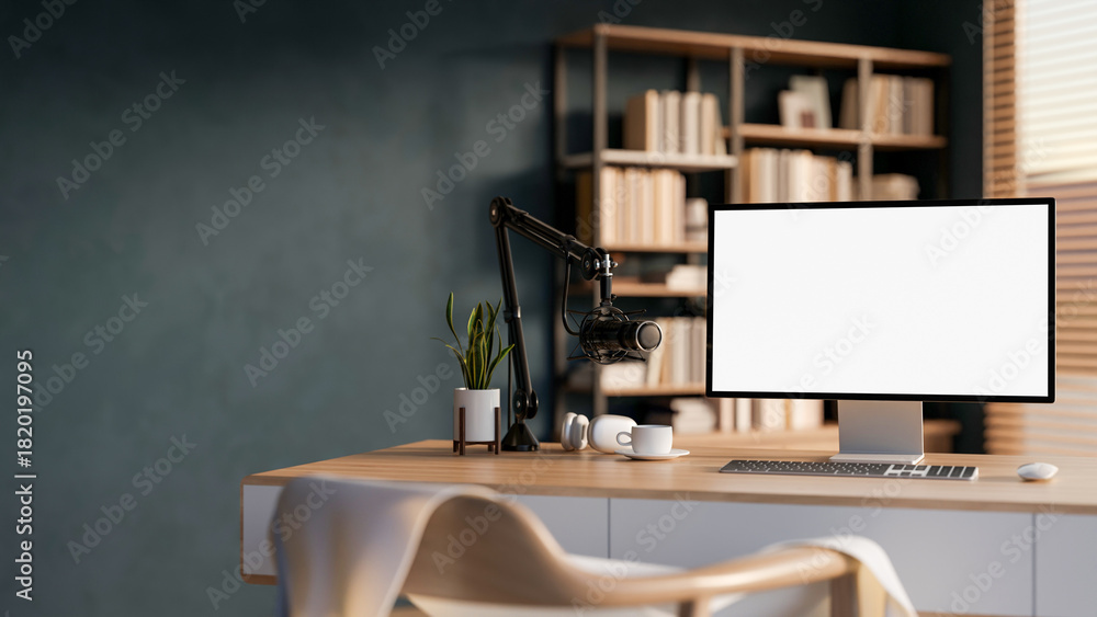 Naklejka premium White screen computer and mic with headphones for radio or podcast on wooden table in office studio.