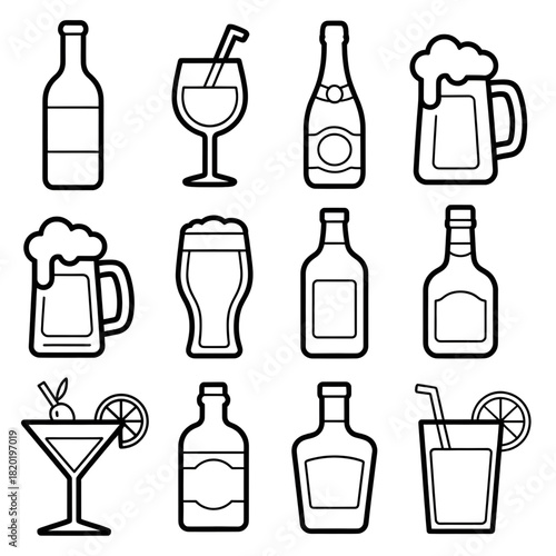 set of alcohol drinks bottles and glasses coloring page 