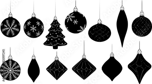 Vector illustration of black hanging Christmas ornaments in various shapes including balls, trees, diamonds, and teardrops for holiday decoration.
