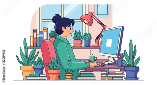 Woman working at her desk in a cozy home office with plants.