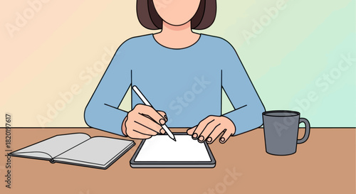 A woman is using a tablet for digital drawing and graphic design.