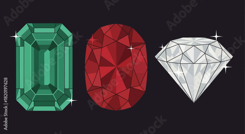 Illustration of a diamond, ruby and emerald gemstones.