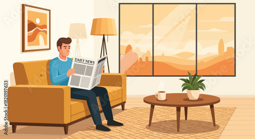 Man reading newspaper in a bright living room at home.