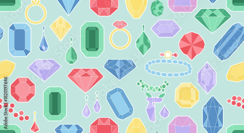 Seamless pattern of colorful gemstones and jewelry on a pastel background.