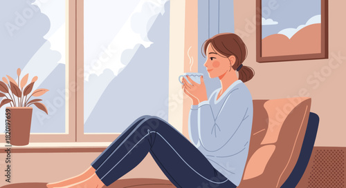 A woman is relaxing at home, drinking a cup of tea near the window.