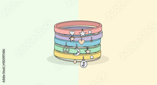 A stack of colorful charm bracelets with various charms.