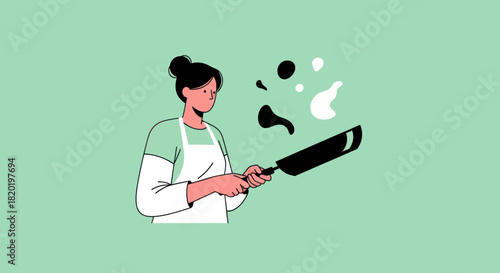 Woman in apron cooking food in a pan