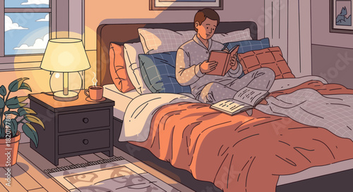 Man reading a book in a cozy bedroom with morning light.
