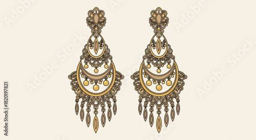 Elegant gold chandelier earrings with intricate detailing.