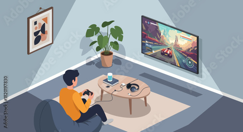 Person playing a racing video game on a large screen