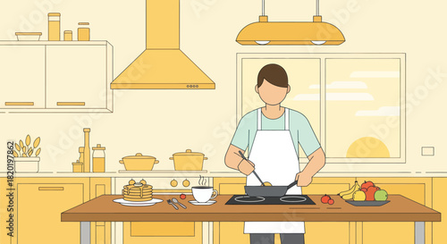 Person cooking breakfast in a modern kitchen.