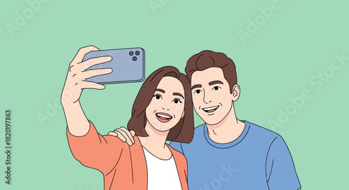 Happy young couple taking a selfie with a smartphone.