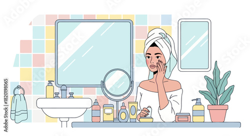 Woman doing daily skincare routine in a brightly tiled bathroom.