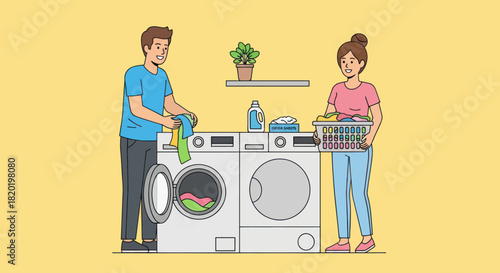 Happy couple doing laundry together in a modern home.