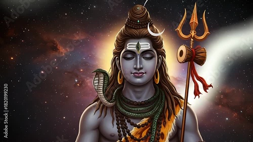 Lord Shiva meditation in cosmos background, Hinduism spiritual concept video animation, devotional