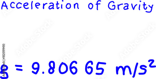 Handwritten physics note showing the acceleration of gravity, , in bright blue text, ideal for educational and scientific content.
