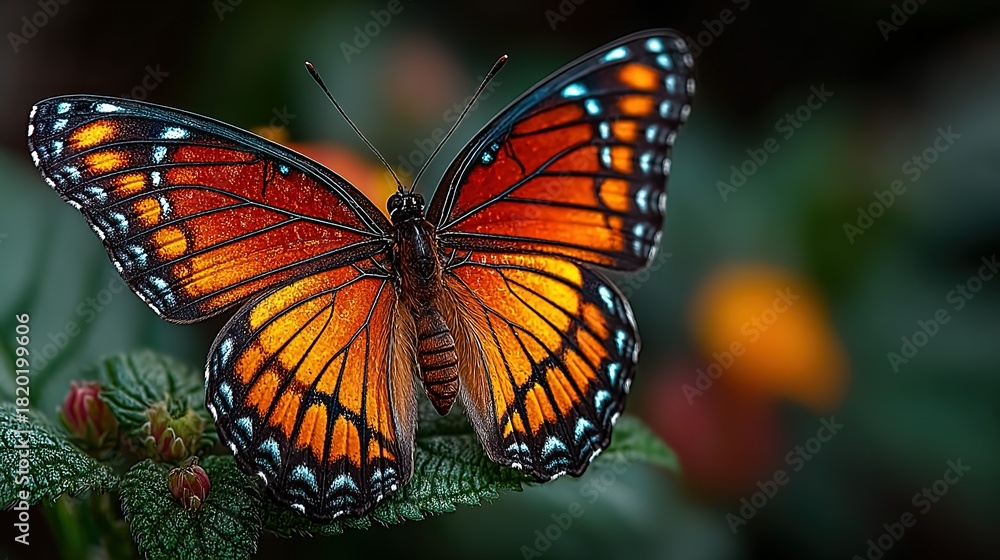Fototapeta premium Butterfly with orange and black wings resting on green foliage outdoors.