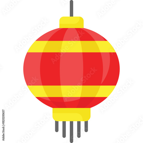 Traditional Red and Yellow Striped Chinese Lantern Hanging Decorative Item with Tassels and Transparent Background