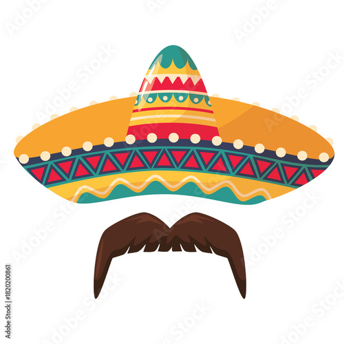 Traditional Mexican Sombrero Hat and Mustache With Colorful Pattern And Transparent Background For Fiesta Celebration