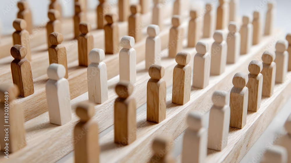 Fototapeta premium endless staggered rows of wooden model people on white background