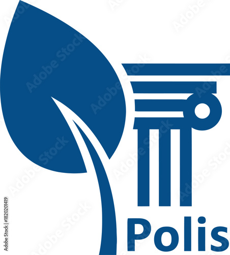 Blue leaf and column logo with the word Polis on transparent background pillar architecture