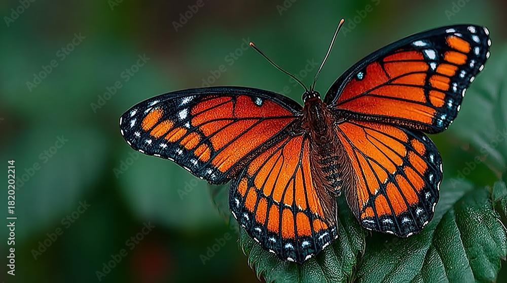 Fototapeta premium Orange butterfly with black and white markings rests on a green leaf.