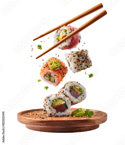 Sushi rolls levitate, served on a wooden plate with chopsticks
