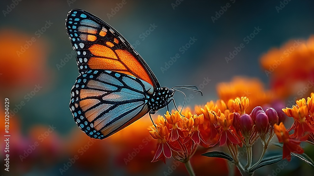 Fototapeta premium Monarch butterfly rests on vibrant orange flowers in a blurred outdoor setting.