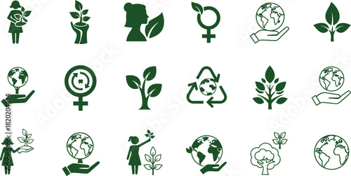 Green Icons Representing Women, Earth, and Nature Growth woman female