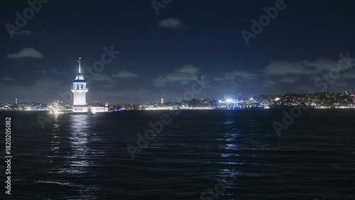 Maiden's Tower at Night with City Lights Reflection